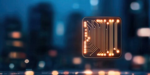 Poster - Glowing microchip circuit with neon lights on a blurred cityscape background, symbolizing advanced technology and innovation.