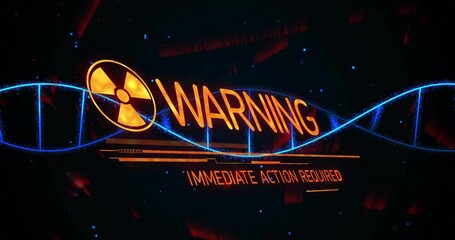 Poster - hazard symbol fading sparking helix revealing WARNING IMMEDIATE ACTION REQUIRED alerting threat