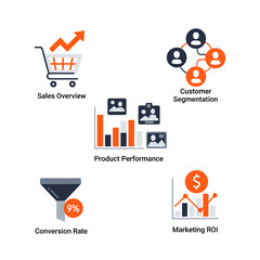 Poster - Business Metrics Visuals: Engaging visual representations of key business concepts, depicting a shopping cart, customer segmentation, product performance, conversion rate and marketing ROI.