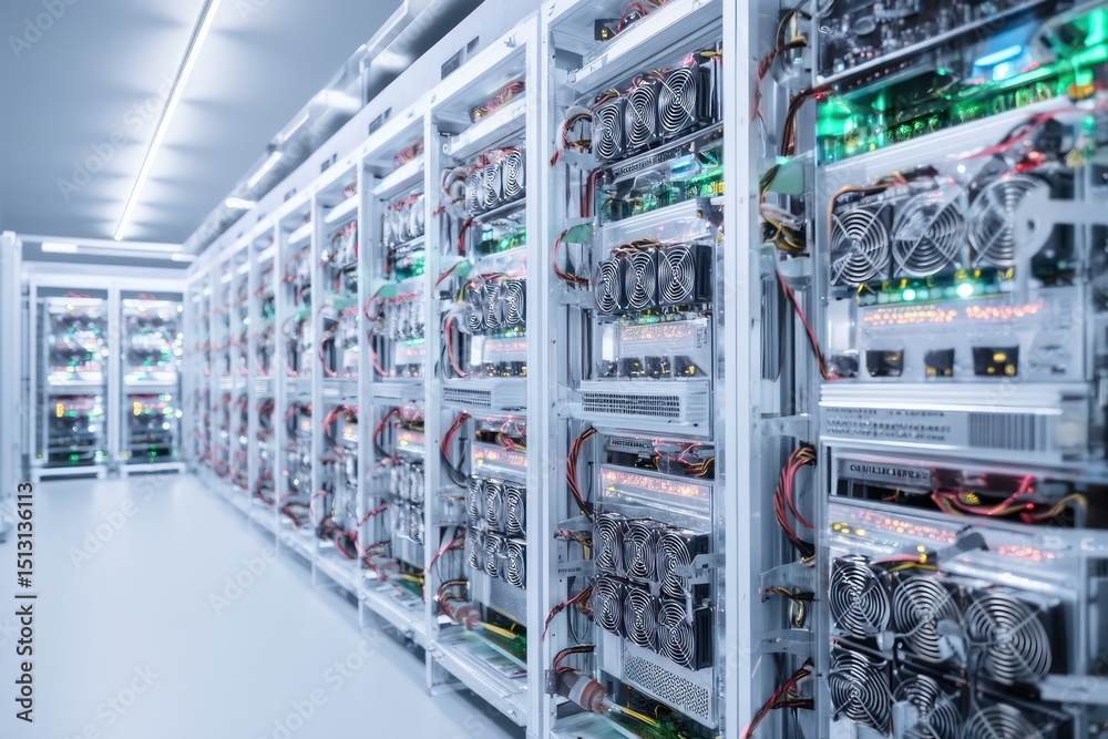 Bitcoin mining operations in a high-tech data center, ensuring secure ...
