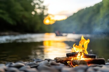 Poster - Camping sunlight BBQ concept. Calm river scene with a campfire at sunset, surrounded by scenic nature.