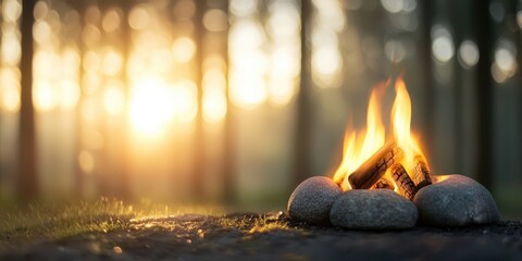 Poster - Camping sunlight BBQ concept. Cozy campfire surrounded by stones with a glowing sunset in a forest setting.