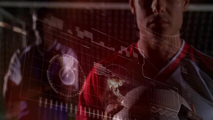 Poster - Holographic data fading in over soccer player holding ball camera zooming showing sports data focus