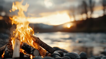 Poster - Camping sunlight BBQ concept. Campfire flames glow against a serene river backdrop at sunset.