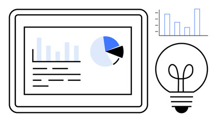 Poster - tablet screen featuring bar graph, pie chart, and data overview combined with lightbulb icon symboli