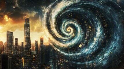 Poster - Cityscape Swallowed by a Cosmic Vortex: Surreal Urban Apocalypse