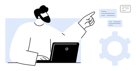 Poster - man gesturing toward floating communication boxes beside gear icon while working on a laptop. ideal 