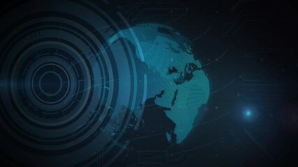 Poster - HUD rings pulsing and causing rotating globe revealing continents with code overlays showing data