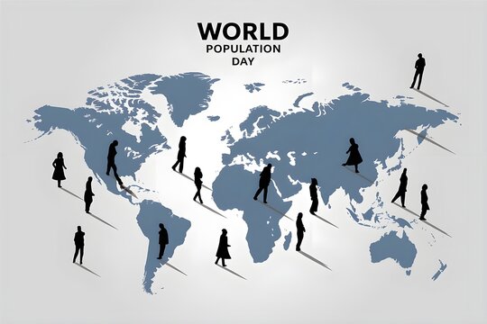 World Population Day Conceptual Image on a Global Map with Silhouettes