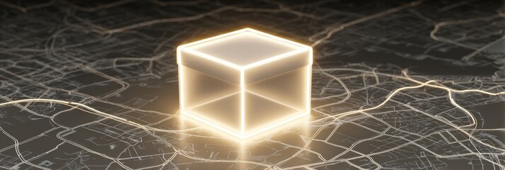 Fototapete - Glowing Package Icon on a Detailed Map Background Signifies Delivery Locations and Logistics Activities