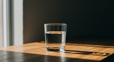 Aufkleber - A glass of water sits on a wooden table