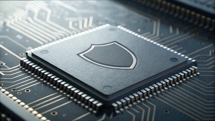 Poster - Detailed Close-Up of a Chip with Shield on a Circuit Board