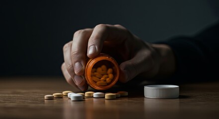 Poster - A person is holding a bottle of pills and a container of pills on a table