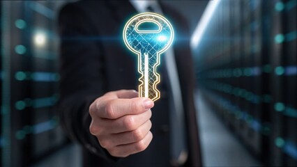 Poster - Digital Key in Hand Symbolizing Data Access and Security Concept