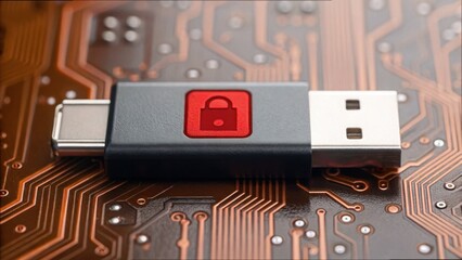Fototapete - Secure USB Drive with Privacy Symbol on Circuit Board Background