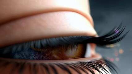 Wall Mural - close-up view of a vibrant human eye showcasing intricate patterns and colors, with a blurred colorf