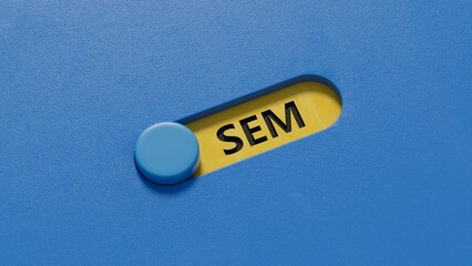 Poster - SEM symbol. Concept word SEM - search engine marketing on slide switch and blocks. Business and search engine marketing - SEM concept. Copy space.3D rendering on blue background.