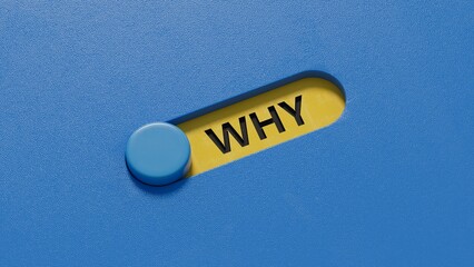 Poster - Why Closeup of word with question mark on slide switch. Reason why business or relationship concept.3D rendering on blue background.