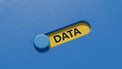 Poster - data.slide switch spelling.Flat lay view from above on slide switch buttons.IT technology concept.3D rendering on blue background.