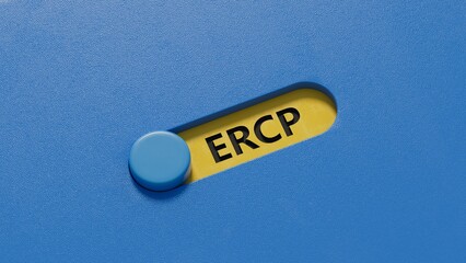 Poster - slide switch with the word ercp. Care concept.close up of slide switch,Business Concept.3D rendering on blue background.