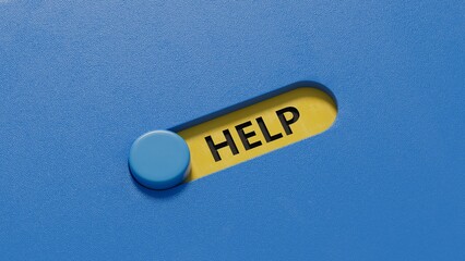 Poster - help.slide switch spelling.Flat lay view from above on slide switch buttons.IT technology concept.3D rendering on blue background.