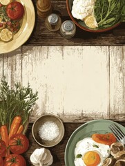 Aufkleber - Plant-based Meal Featuring Fresh Ingredients and Rustic Setting on a Wooden Table With Greenery, Perfect for a Healthy Lifestyle or Gathering