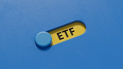 Poster - ETF - word concept on building blocks, text, letters.close up of slide switch,Business Concept.3D rendering on blue background.