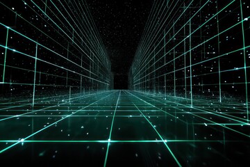 Poster - Digital reality space with glowing lines connecting different points in a virtual world.
