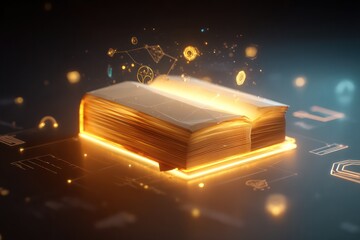 Poster - Low-poly book surrounded by glowing symbols, representing modern online learning and education.
