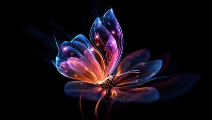 Aufkleber - Glowing abstract art featuring a butterfly on a flower, highlighting nature's vibrant beauty.