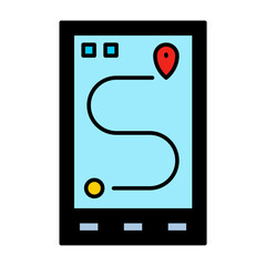 Poster - GPS Navigation Route Map Icon. Smartphone app with location pin, travel path, and destination. Editable vector for transport, travel, direction, and technology.