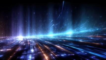 Wall Mural - Vibrant abstract digital landscape showcasing flowing light trails against a cosmic backdrop