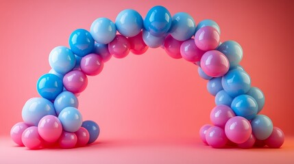 Poster - Pastel Sphere Archway on Coral Backdrop, Glossy Balloons Arrangement for Party Decor and Celebration Backdrop, Colorful Balls Forming a Rainbow Structure