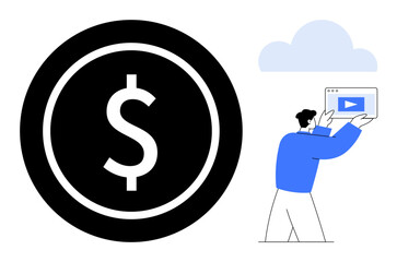 Poster - dollar coin highlighting monetary value, man holding video screen signifying digital media. ideal fo