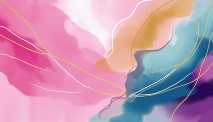 Poster - modern abstract watercolor background with pink, gold, blue, and white fluid textures and metallic lines ideal for branding, web design, luxury print, or minimalist art decor

