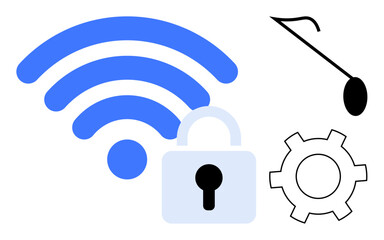 Poster - wireless signal, lock representing protection, gear for settings, and hook symbol emphasizing cautio