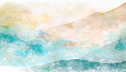 Poster - soft pastel watercolor landscape with abstract rolling hills and cloudy sky ideal for web background, branding, stationery design, and minimalist print decor


