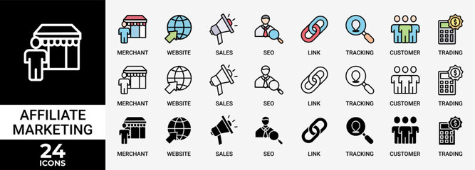 Poster - AFFILIATE MARKETING icon set with various styles and colors of trading, seo, tracking, customer, link, sales, website, merchant icon live stroke