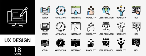 Fototapete - UX DESIGN icon set with various styles and colors of accessibility, usability, design, user research, hci, structuring, navigation, interface icon live stroke and easy to edit