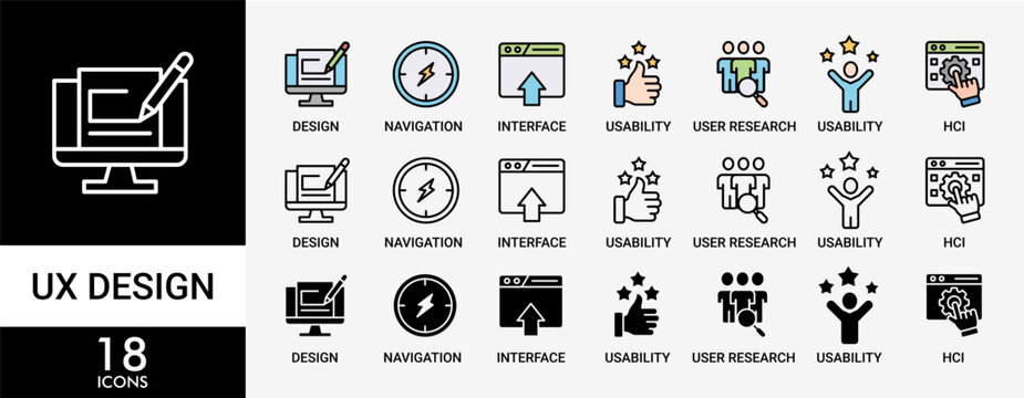 UX DESIGN icon set with various styles and colors of accessibility, usability, design, user research, hci, structuring, navigation, interface icon live stroke and easy to edit