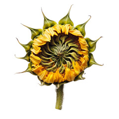 Poster - vibrant sunflower with detailed spiral pattern and bright yellow petals, showcasing its natural beauty and intricate design. This flower symbolizes warmth and positivity