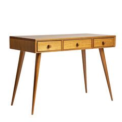 Poster - Mid century modern wooden desk with three drawers and tapered legs, perfect for home office or study. Its sleek design adds touch of elegance to any workspace