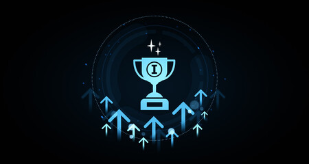 Poster - Digital trophy icon with upward arrows representing innovation and growth concept on dark futuristic background with glowing effects and sparkles. 3D Rendering