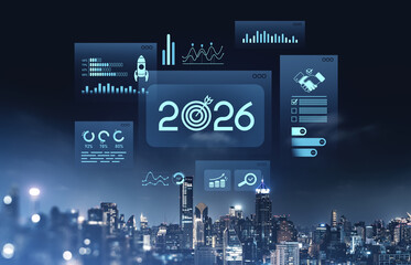 Poster - Futuristic business dashboard with 2026 target graphics over city skyline at night.