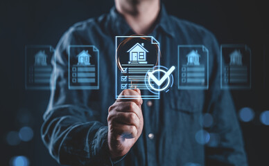 Poster - Digital interface showing property checklist with approved document icon in hand gesture.
