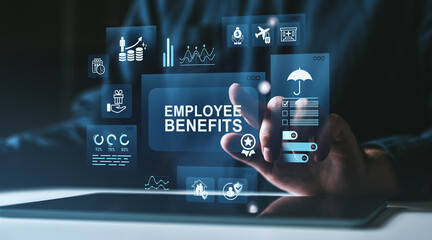 Poster - Employee benefits digital interface with icons and metrics over tablet on dark background representing workplace perks and human resources features.