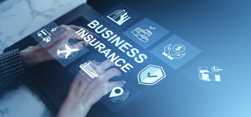 Poster - business insurance concept with digital icons above hands typing on laptop, representing corporate p
