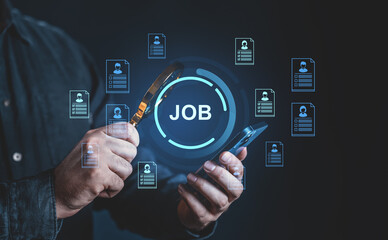 Poster - Man searching for job opportunities using mobile and magnifying glass interface.