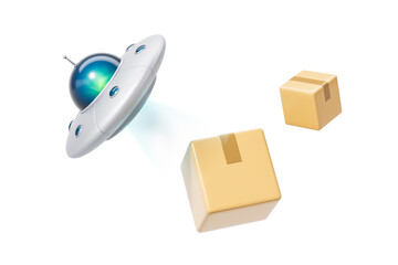 Poster - Futuristic UFO drone delivering cardboard boxes in sci-fi package transportation concept on white background. 3D Rendering
