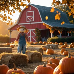 pumpkin patch at golden hour with hay bales, scarecrow, red barn in the background, and falling leav
